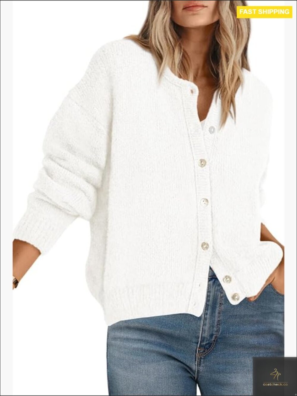 Chunky Knit Open Front Cardigan Long Sleeve Crewneck Button Down Spring Coat